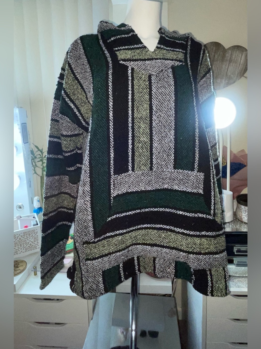 & Other Stories Striped Hooded Poncho Sweater in Green, Black and Cream